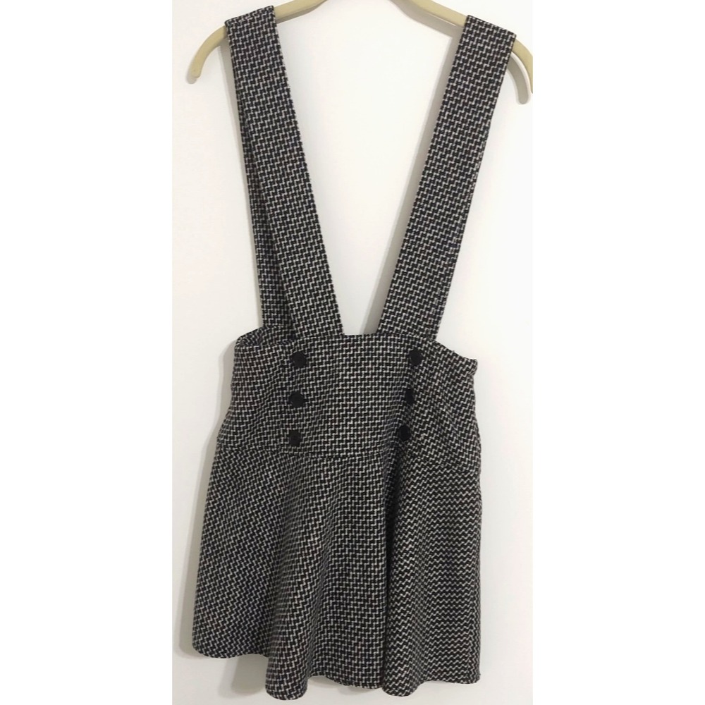 Forever 21 Houndstooth Pinafore Mini Dress S Suspender Preppy Academia Black‎ - Picture 2 of 14